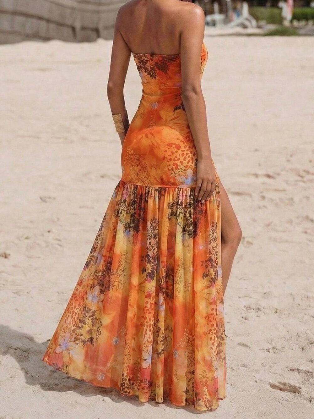 Burnt Orange Boho Women's Fitted Printed Knit Mesh Dress - Picture 2 of 5